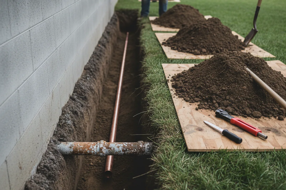 Excavated water line trench during Water Softener Installation in Steele